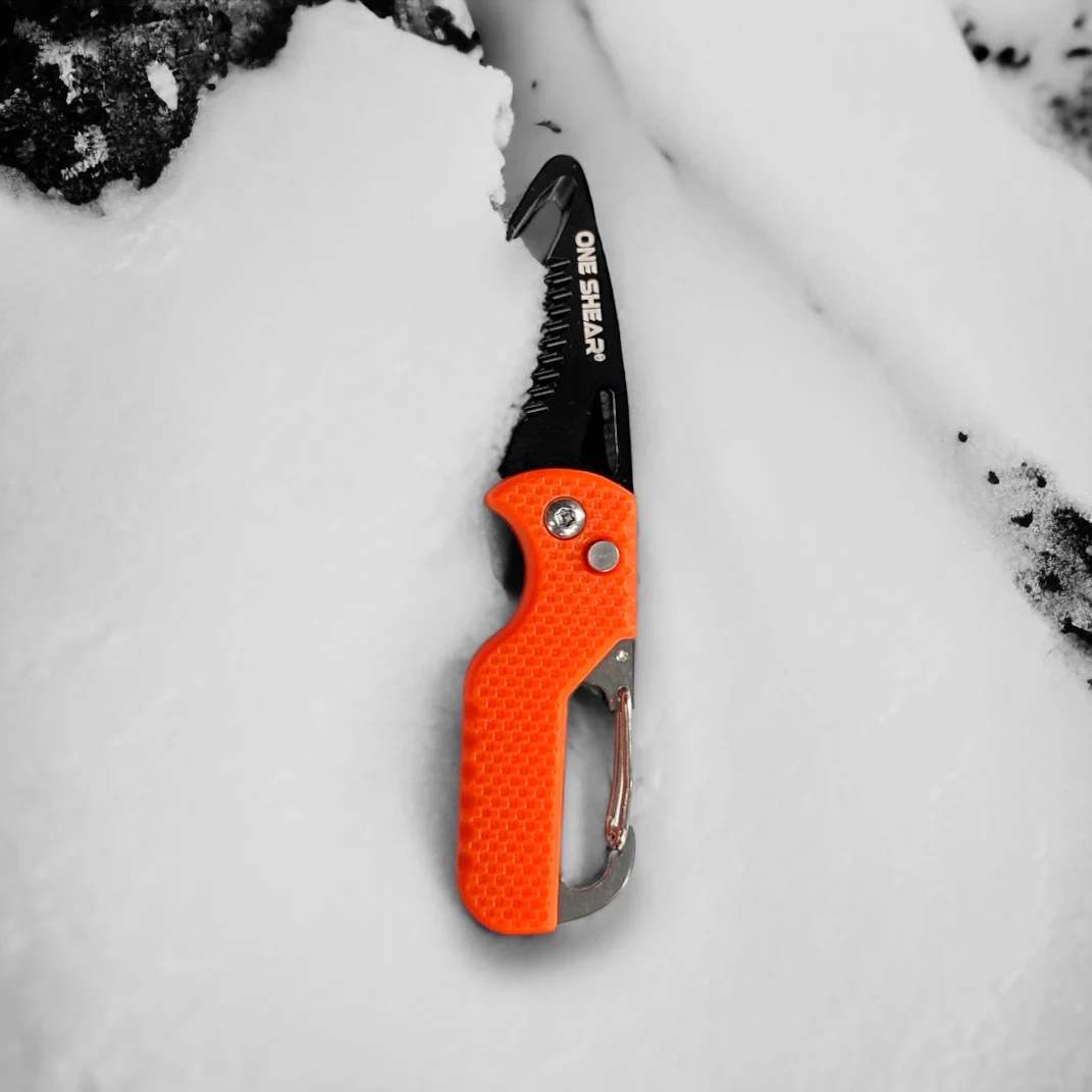 Orange Seat Belt Keychain Knife Evacuation Tool with carabiner and serrated edge spring action
